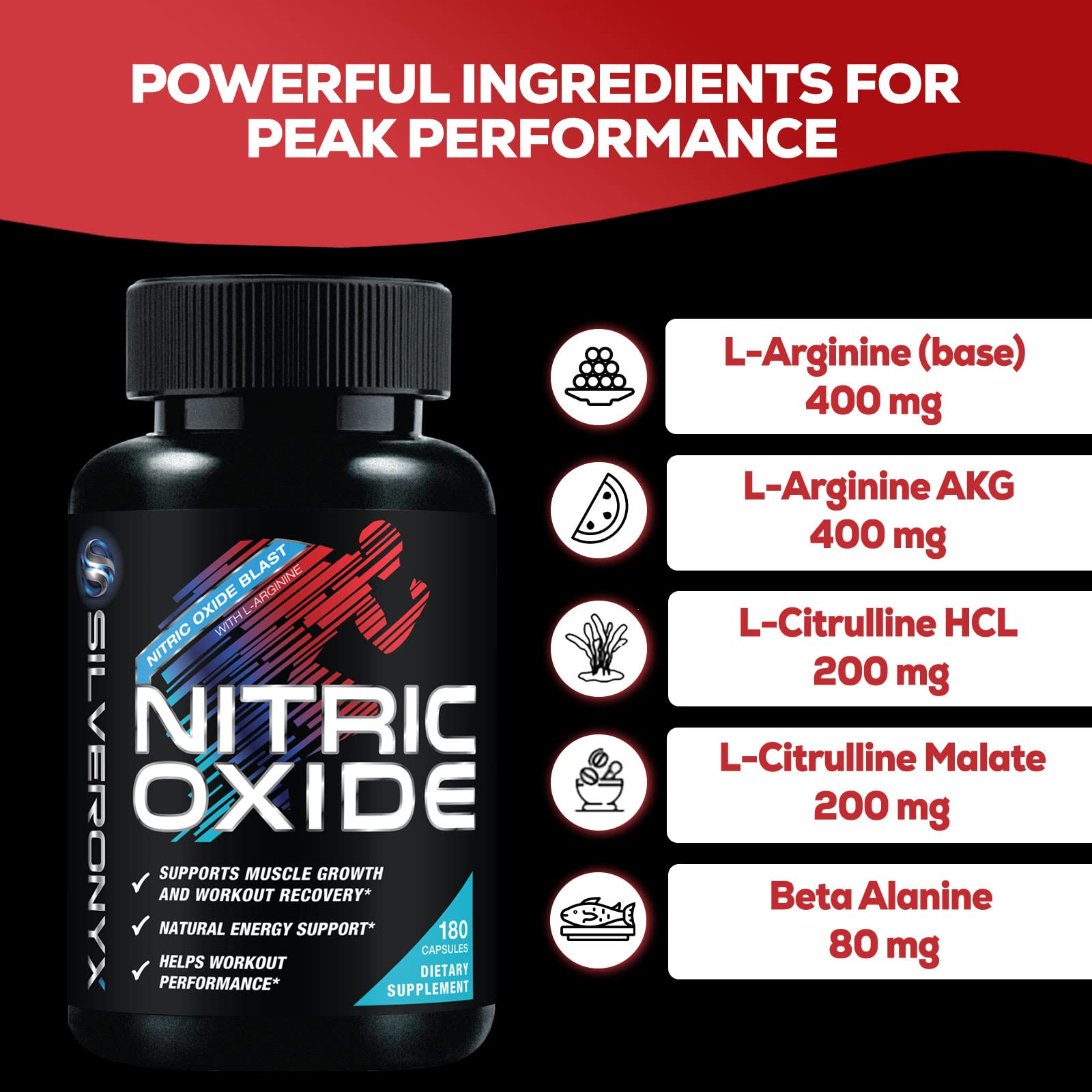 Extra Strength Nitric Oxide Supplement L Arginine 3X Strength - Citrulline Malate, AAKG SILVERONYXAu supplements