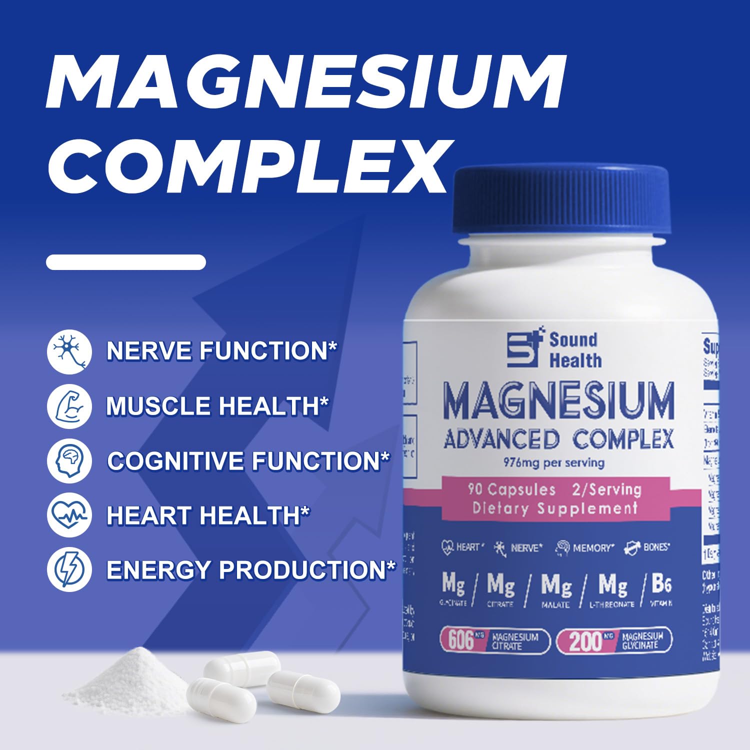 5 in 1 Magnesium Complex Capsule 976mg wtih Magnesium Glycinate, Citrate, Malate, L-Threonate & Vitamin B6, High Absorption Magnesium Complex for Women & Men, Third-Party Tested, Vegan, Non-GMO Sound Health PlusAu supplements