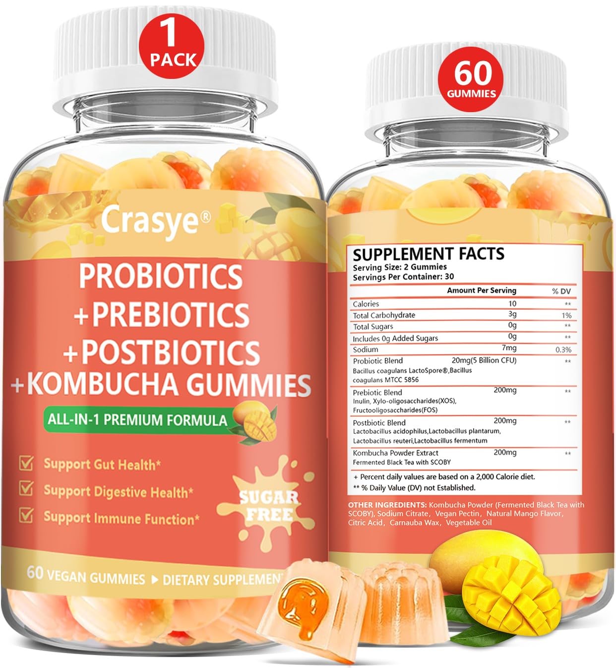 Crasye Probiotic Kombucha Gummies Sugar Free Prebiotic Postbiotic Probiotics Gummy for Women and Men Bloating Gut Health Immune and Digestive Support - 60 Gummies - 30 Servings CrasyeAu supplements