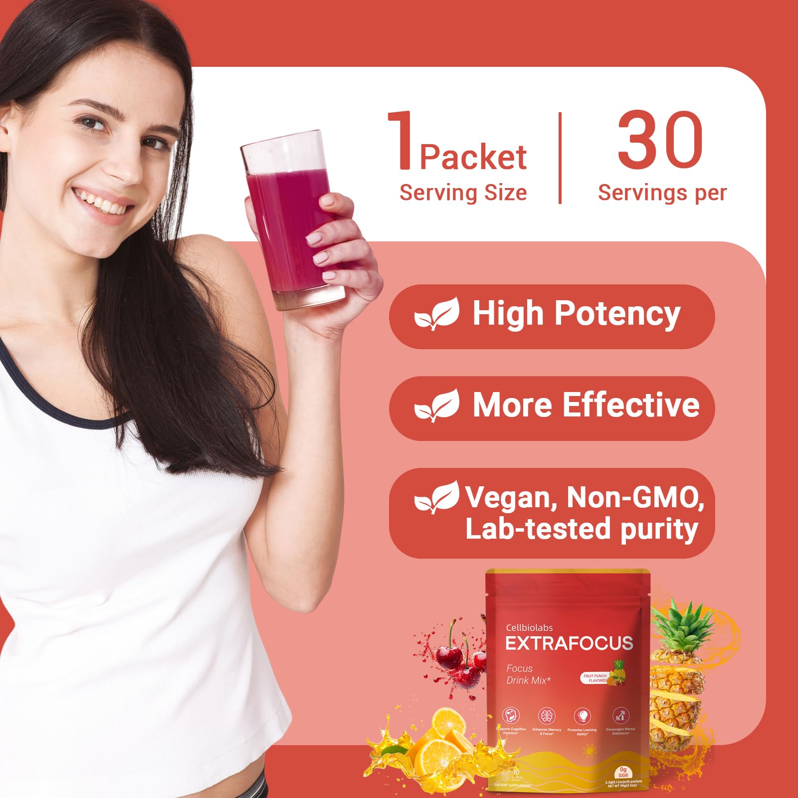 Nootropic Extra Focus Drink Mix, 30 Packs On-The-Go Sticks, Featuring Alpha-GPC, Lion's Mane & Rhodiola, Sugar-Free Packets Fruit Punch Clean Drink Mix CellbiolabsAu supplements