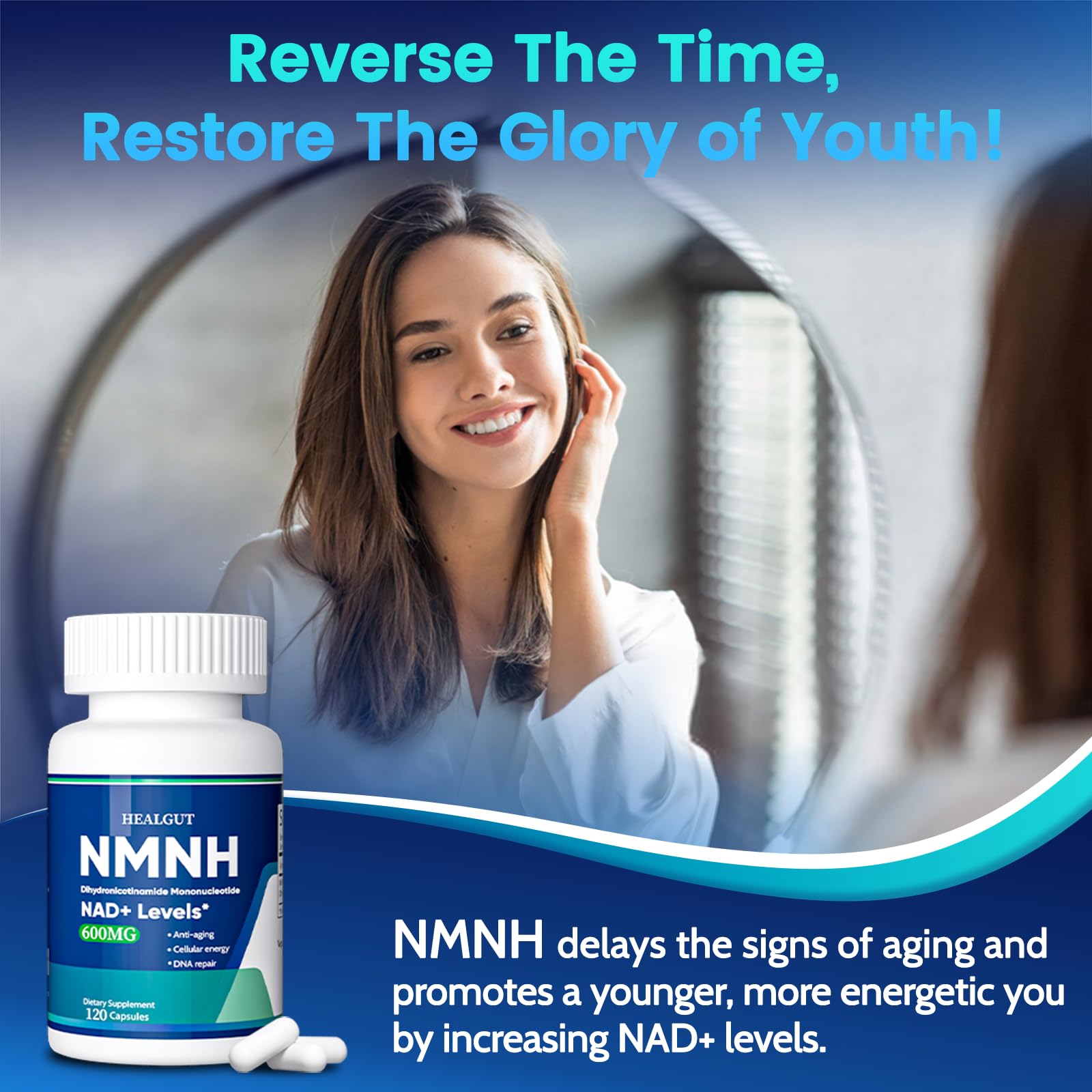 Pure NMNH(NMN Supplement Alternative)(Dihydronicotinamide Mononucleotide)for Women with Skin Aging 600mg: NAD Supplement for Anti-Aging Breakthrough - Boost NAD+ levels Liposome Capsules 120 Servings HEALGUTAu supplements