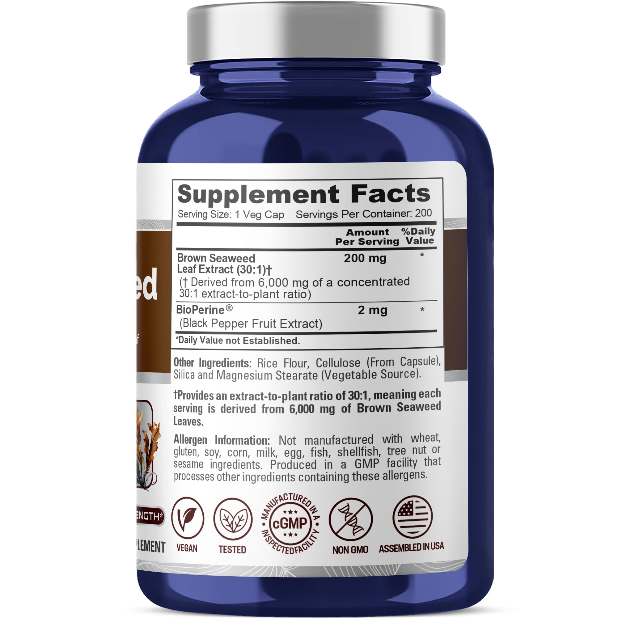 NusaPure Brown Seaweed 30:1 Extract, 200 mg Equivalent to 6,000 mg 200 Veggie Capsules - (Vegan, Non-GMO Bioperine) NusaPureAu supplements