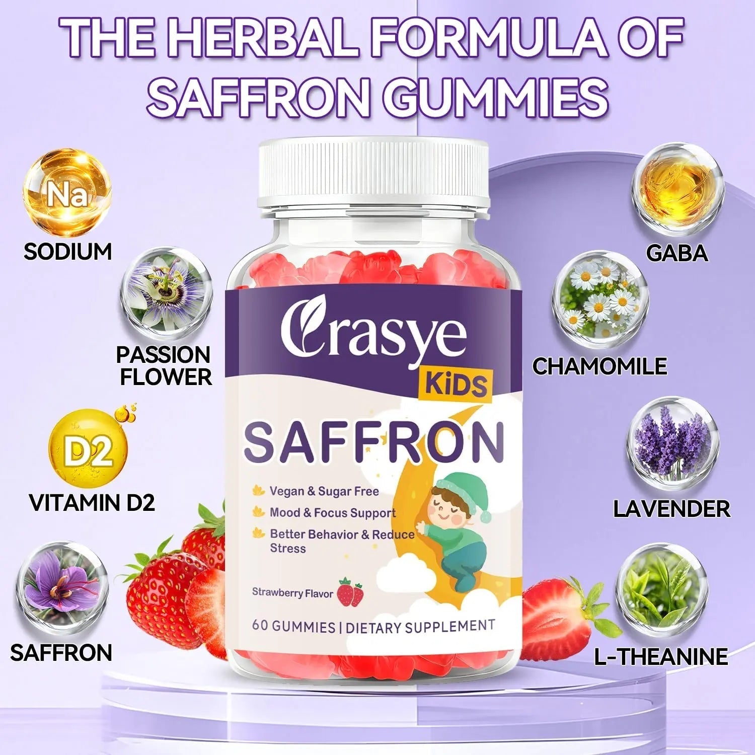 Crasye Saffron Gummies for Kids 100% Pure Organic Saffron Extract Sugar Free Saffron Supplements Gummy for Children Calm Mood & Focus - 60 Gummies CrasyeAu supplements