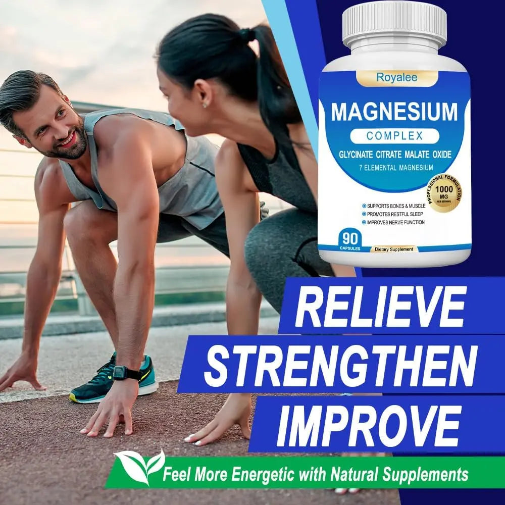 Magnesium Complex Supplement - 1000mg with 7 Magnesium Forms Including Glycinate, Citrate, Malate, Taurate & Orotate - Supports Relaxation, Muscle Function & Bone Strength - 90 Capsules Royaleenz supplements