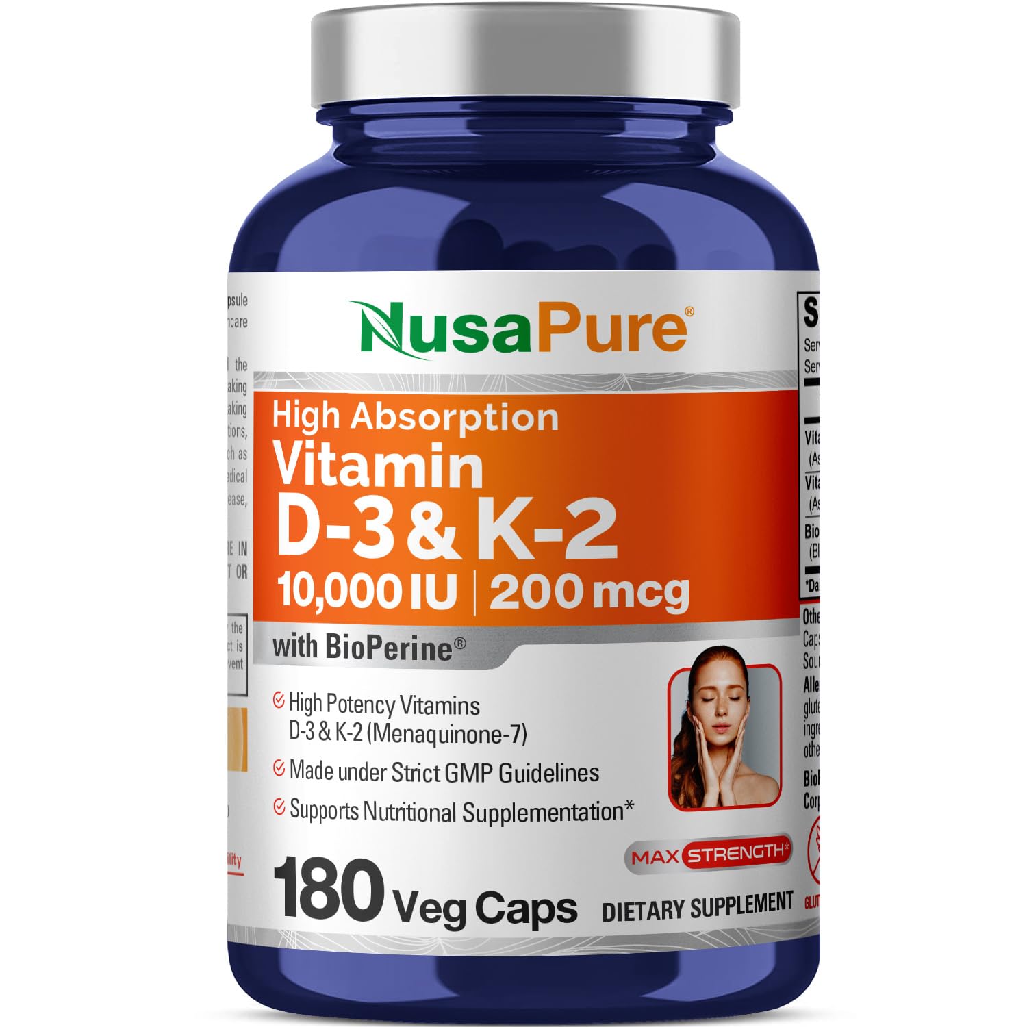 NusaPure Vitamin K2 (MK7) (200mcg) + Vitamin D3 (10000 IU) 180 Veg Caps - Bioperine, Soyfree, Non-GMO NusaPureAu supplements
