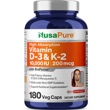 NusaPure Vitamin K2 (MK7) (200mcg) + Vitamin D3 (10000 IU) 180 Veg Caps - Bioperine, Soyfree, Non-GMO NusaPureAu supplements