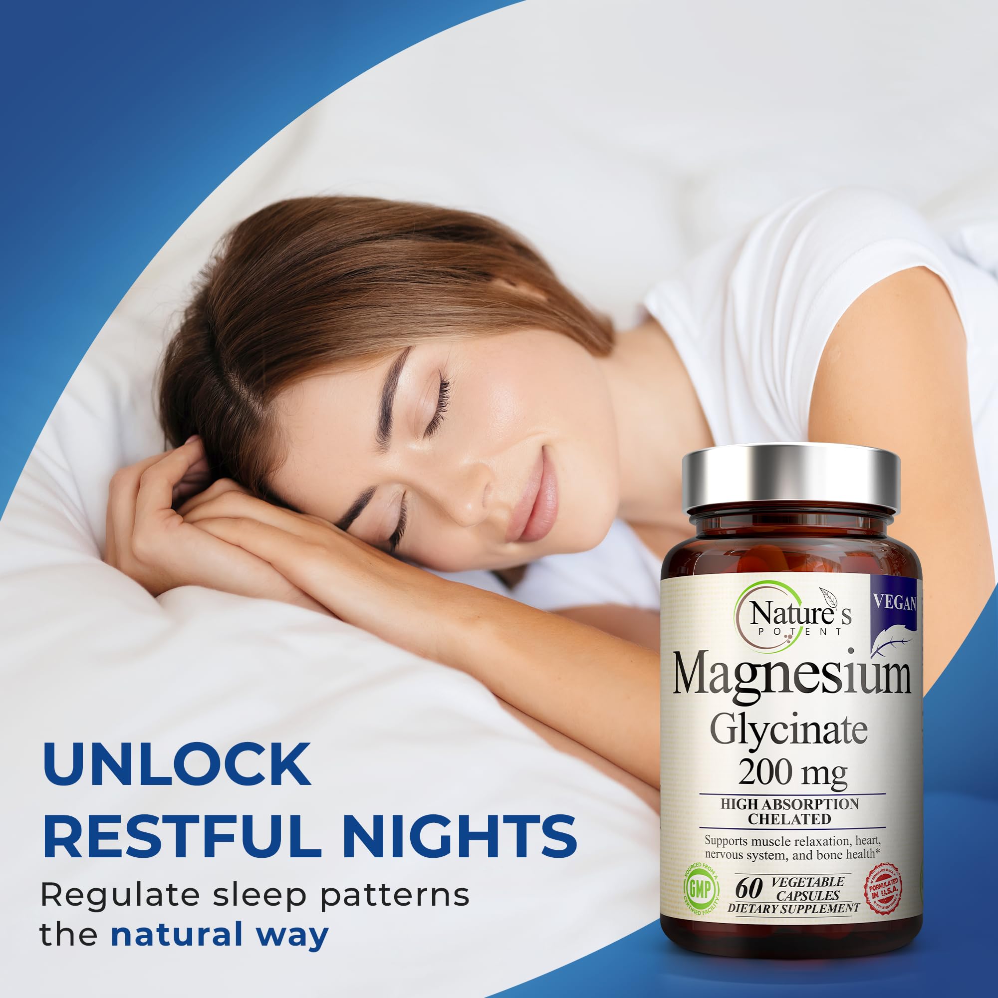 Nature’s Potent Magnesium Glycinate 200mg | High Absorption Chelated Magnesium | Sleep, Calm & Muscle Cramp Support | Vegan Supplement | 60 Capsules Nature's PotentAu supplements