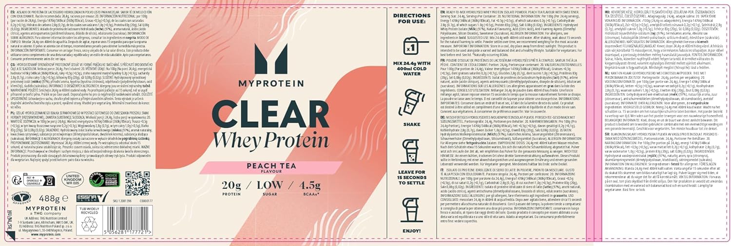 Myprotein Clear Whey Isolate Protein Powder - Peach Tea - 488g - 20 Servings MyproteinAu supplements