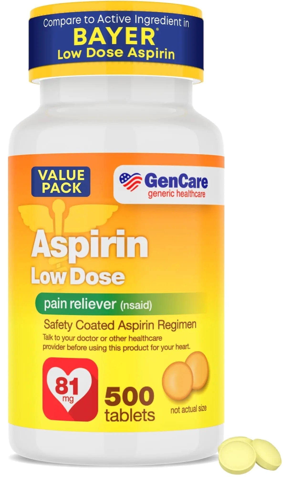 GenCare - Low Dose Aspirin 81mg for Adults Coated (NSAID) 500 Tablets | Adult Low Dose | Enteric Coated Aspirin Pills | Muscle Pain & Menstrual Pain Relief | Fever Reducer | Generic Bayer GenCareAu supplements