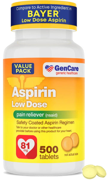 GenCare - Low Dose Aspirin 81mg for Adults Coated (NSAID) 500 Tablets | Adult Low Dose | Enteric Coated Aspirin Pills | Muscle Pain & Menstrual Pain Relief | Fever Reducer | Generic Bayer GenCareAu supplements
