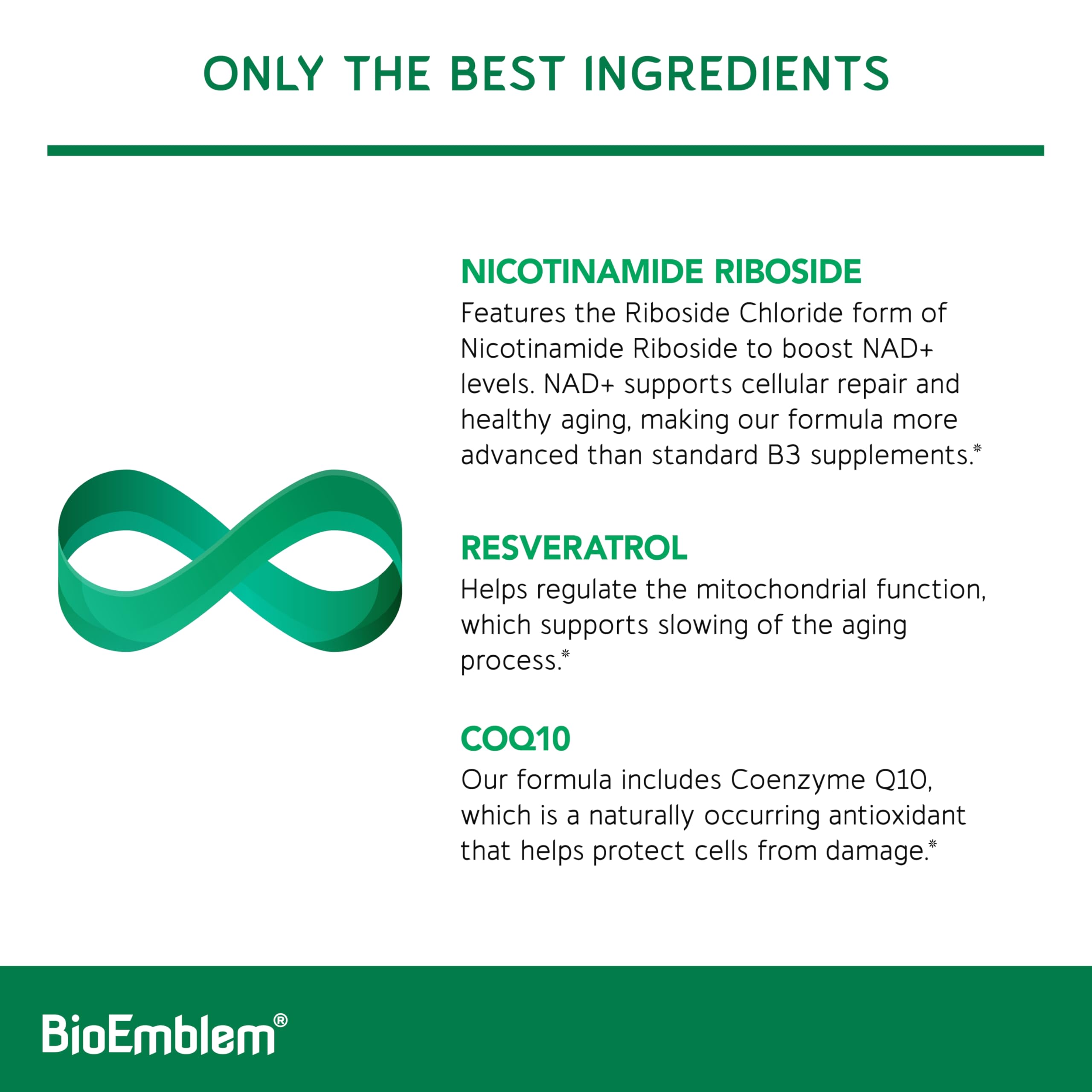 BioEmblem NAD+ Supplement | 300 mg Nicotinamide Riboside with CoQ10 & Resveratrol | Supports Healthy Aging, Cellular Energy and Cognitive Function | Non-GMO, Gluten Free - 45 Capsules BioEmblemAu supplements