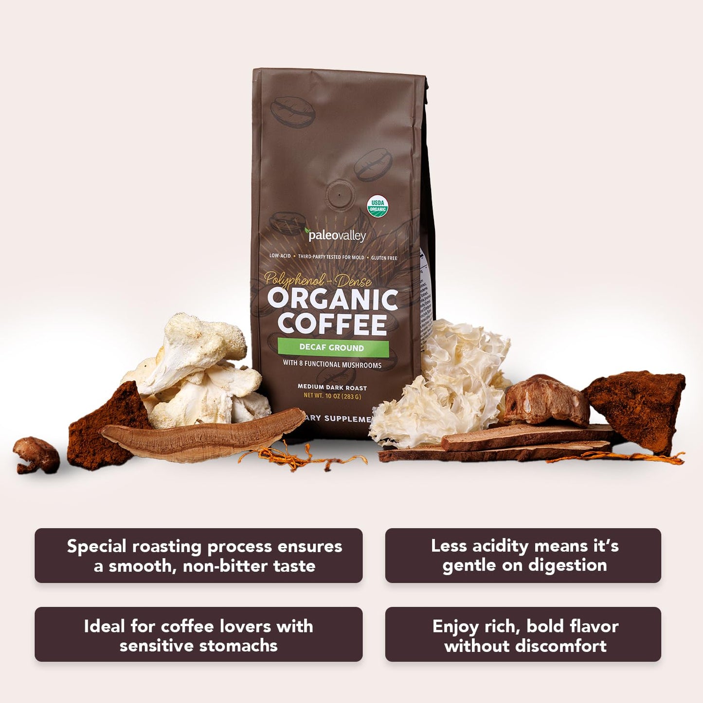 Paleovalley Organic Ground Coffee, 10oz - Decaf, Low Acid, Single-Origin, Polyphenol-Rich, Infused with Mushrooms PaleovalleyUS supplements