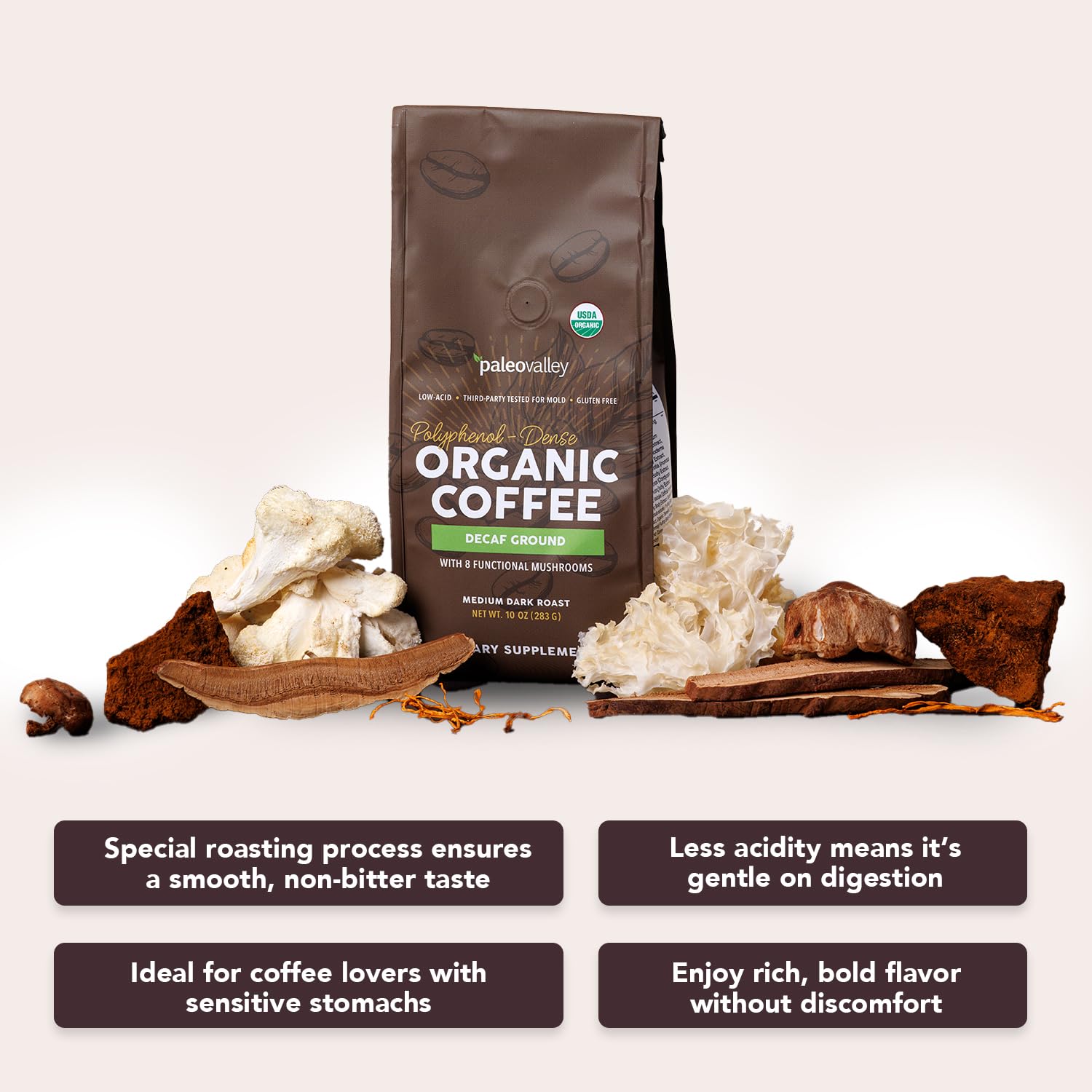 Paleovalley Organic Ground Coffee, 10oz - Decaf, Low Acid, Single-Origin, Polyphenol-Rich, Infused with Mushrooms PaleovalleyUS supplements
