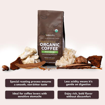 Paleovalley Organic Ground Coffee, 10oz - Decaf, Low Acid, Single-Origin, Polyphenol-Rich, Infused with Mushrooms PaleovalleyUS supplements