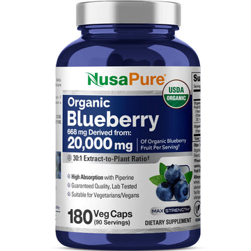 NusaPure Blueberry Concentrate 30:1 Extract, 667 mg Equivalent to 20,000 mg 180 Veg Caps Suitable for Vegetarian, Vegan, Non-GMO NusaPureAu supplements