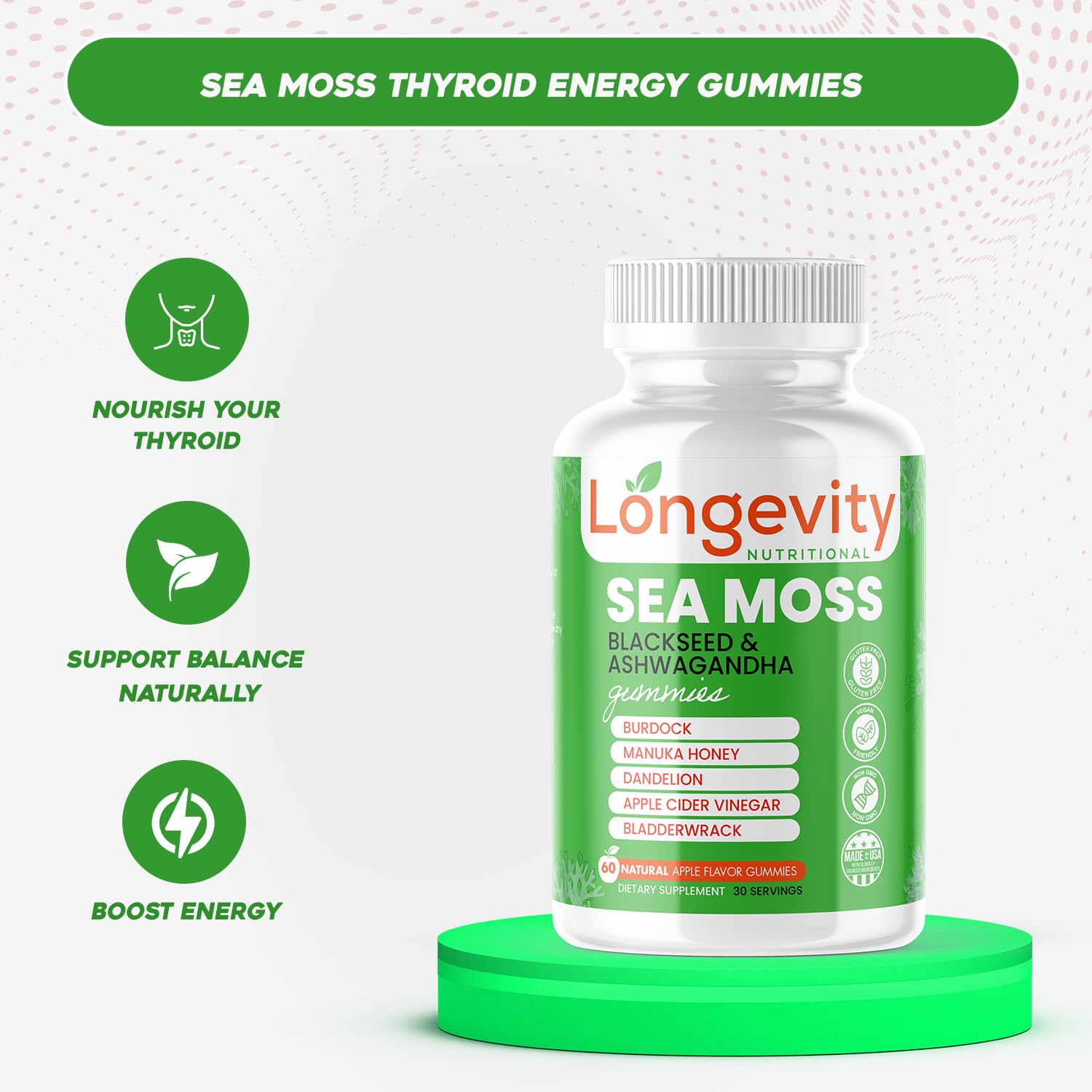 Longevity Nutritional Sea Moss, Thyroid Energy Vitamins Mineral Burdock Manuka Honey Dandelion Apple Cider Bladderwrack Ashwagandha Extract Turmeric Antioxidant Boost Immune Superfood Gummies Longevity NutritionalAu supplements