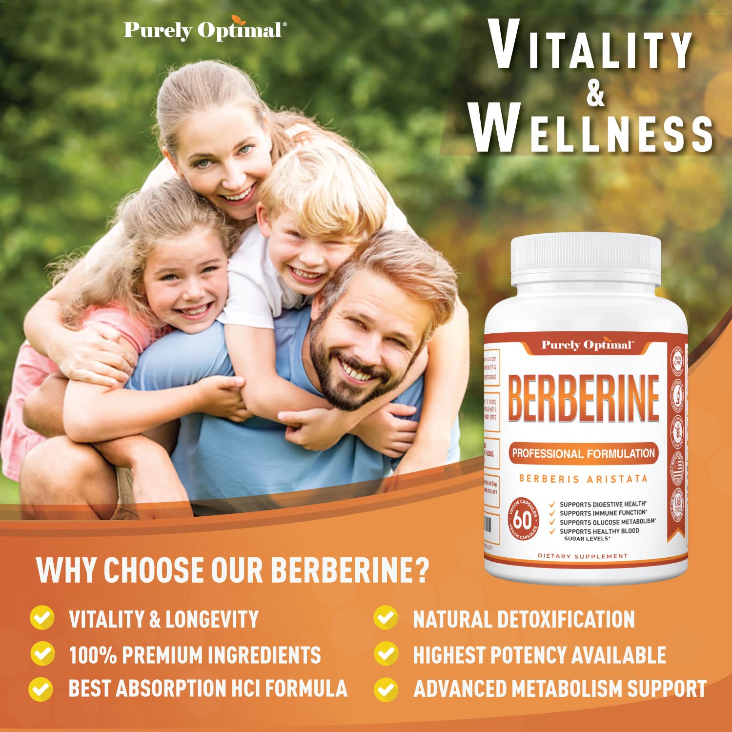 Purely Optimal Premium Berberine Supplement - 1200mg Berberine HCl, Non-GMO Purely OptimalUS supplements