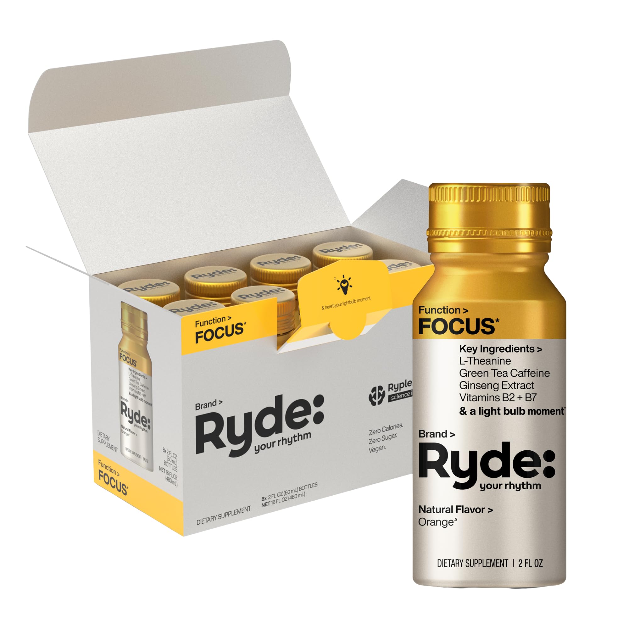 Ryde: Focus Shot | Orange Flavor | L-Theanine & Ginseng | Green Tea Caffeine | Vitamins B2 & B7 | 0 Calories, 0 Sugar | 2 FL OZ Shots | Supports Focus* (8 Pack) RYDEAu supplements