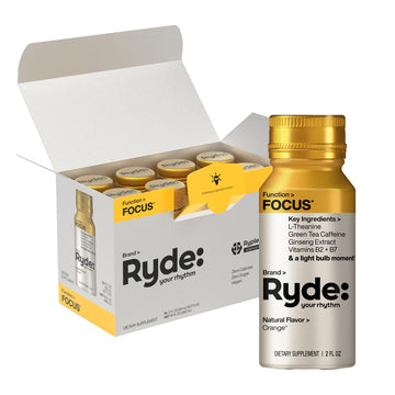 Ryde: Focus Shot | Orange Flavor | L-Theanine & Ginseng | Green Tea Caffeine | Vitamins B2 & B7 | 0 Calories, 0 Sugar | 2 FL OZ Shots | Supports Focus* (8 Pack) RYDEAu supplements