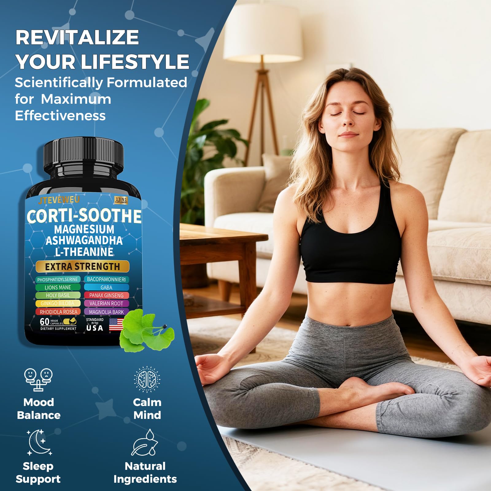Corti-Soothe Cortisol Supplement for Women and Men with Magnesium Glycinate 200mg, L-Theanine 150mg, Phosphatidylserine 50mg & Manager Holy Basil Ginkgo Biloba Bacopa Monnieri Valerian 60 Capsules JTEVEweuAu supplements