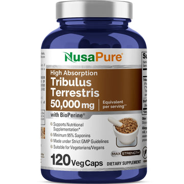 NusaPure Tribulus Terrestris 50:1 Extract, 1000 mg Equivalent to 50,000mg| 120 Veggie Caps | 95% Steroidal Saponins | Non-GMO, Bioperine & Vegan NusaPureAu supplements