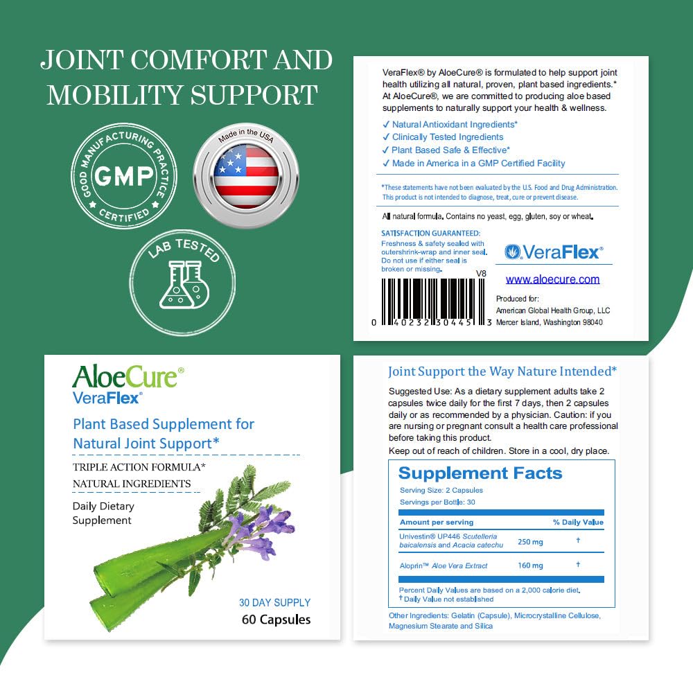 AloeCure VeraFlex Natural Joint Health, 60 Capsules, Clinically Tested Natural Plant-Based Formula to Support Comfort, Mobility and Flexibility - Featuring Organic Aloe Vera, 3-Pack AloeCureAu supplements