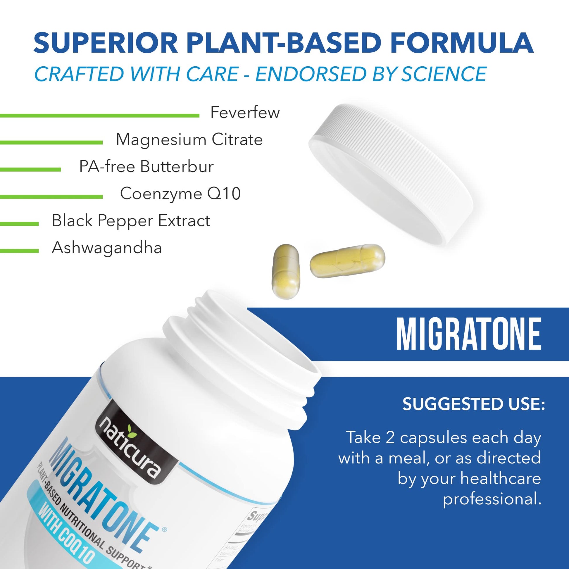 Migratone Migraine Relief Nutritional Support Supplement - with Magnesium, Riboflavin Vitamin B2, B6 & B12, Microactive Coq10, Feverfew, PA-Free Butterbur, and Folate - Clinically Preferred Blend NaticuraAu supplements