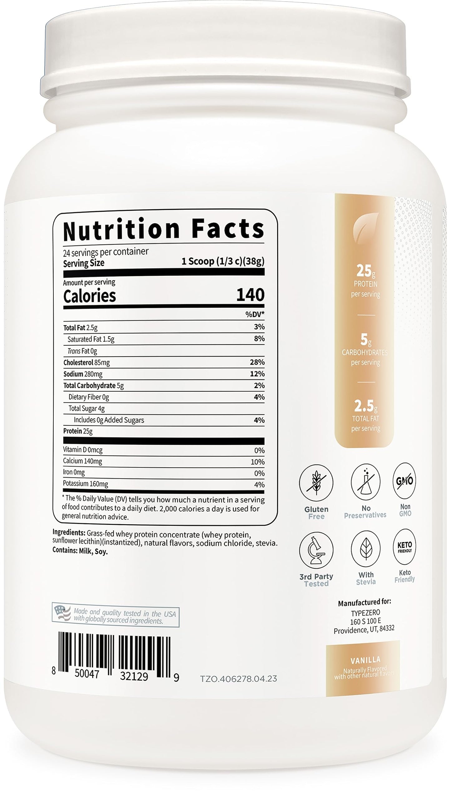 Type Zero Grass Fed Whey Protein Concentrate Powder (Vanilla, 2LBS) - Gluten Free Type ZeroUS supplements