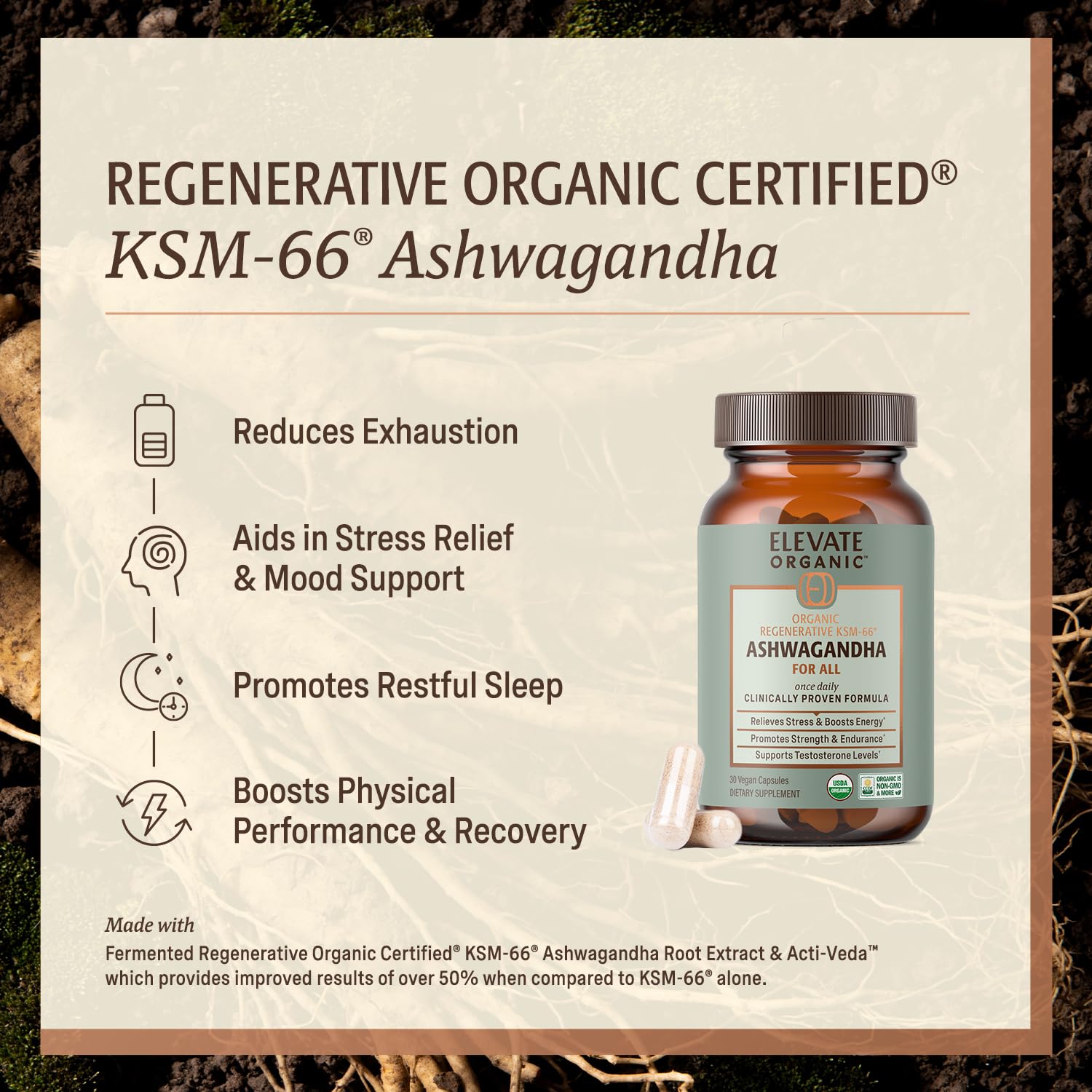 ELEVATE ORGANIC Regenerative Fermented KSM-66 Ashwagandha Vegan Capsules with Acti Veda™ (600mg, 30 Servings), Up to 150% More Effective Than KSM-66 Alone ELEVATE ORGANICAu supplements