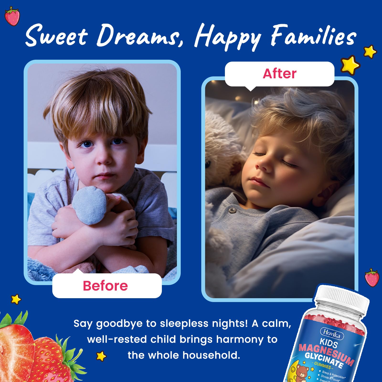 Magnesium Glycinate Gummies for Kids - with L-Theanine, Omega-3, Vitamin B6, D3, Zinc - Kids Magnesium Gummies for Sleep, Relaxation, Calm & Focus - Sugar Free Strawberry 60ct HovikaAu supplements