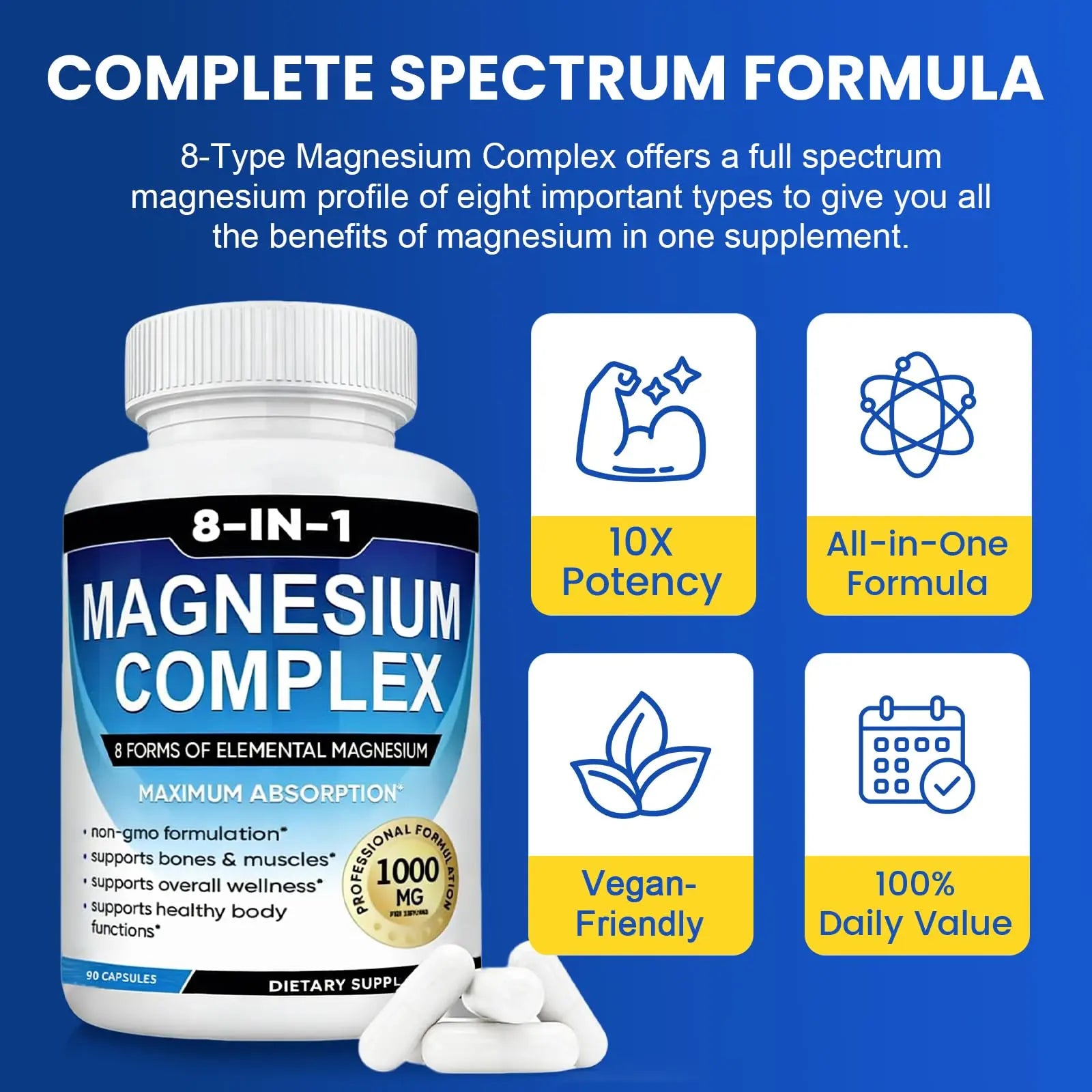 Magnesium Complex Supplement 8-in-1 Elemental 1000mg, Magnesium Glycinate, Malate & Citrate, Vegan, Non-GMO 90 Capsules MIRACLE OFFICIALnz supplements