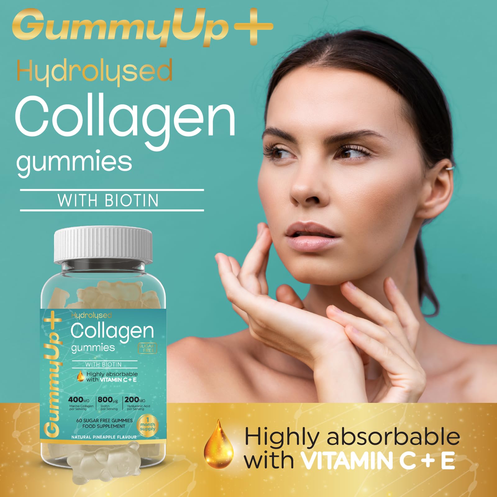 Hydrolysed Collagen Gummies with Biotin, 60 Sugar Free Natural Pineapple Flavoured Gummies ZA ZACANNAAu supplements