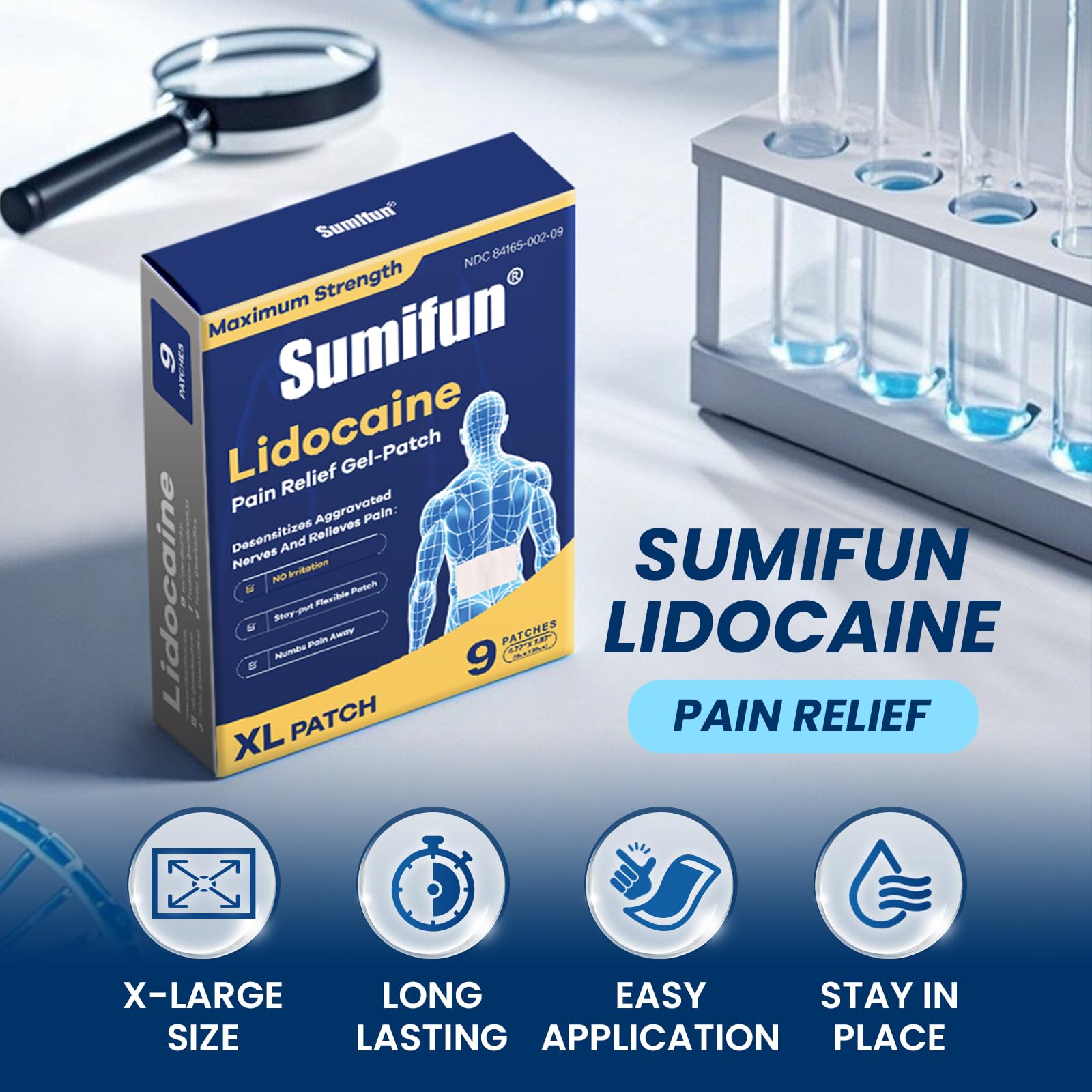 Sumifun 4% Lidocaine XL Pain Patches | Extra Large 4.72"x7.87" for Full Back & Thigh Coverage | Maximum Strength OTC Numbing | 8-Hour Medical Adhesion (X-Large, Count, 9) SumifunAu supplements
