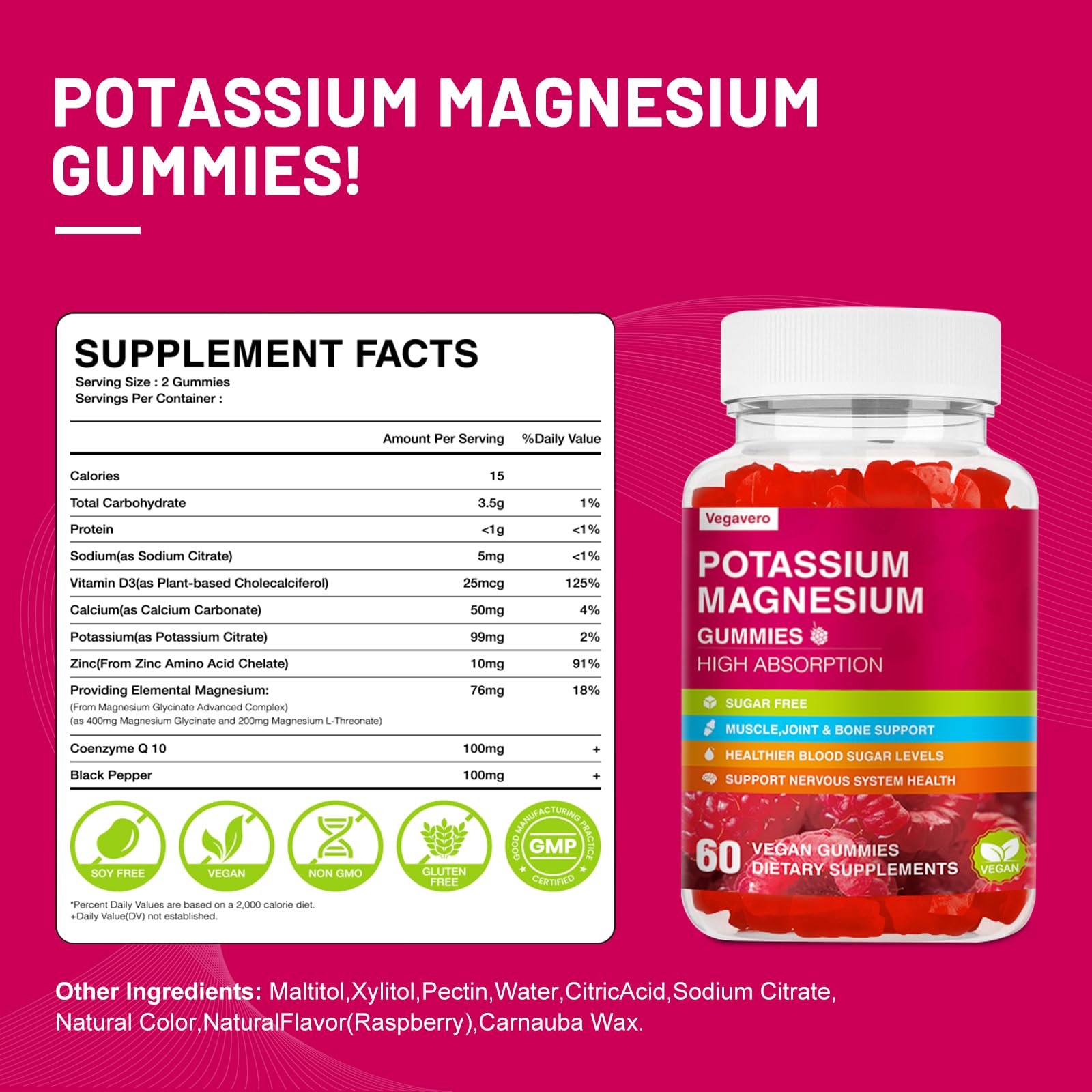Potassium Magnesium Gummies - High Absorption Magnesium Glycinate & Potassium Citrate Plus Coenzyme Q10, DHA, D3, Mineral & Calcium for Zzz, Leg Cramps & Muscle - 60 Raspberry Gummies VegaveroAu supplements