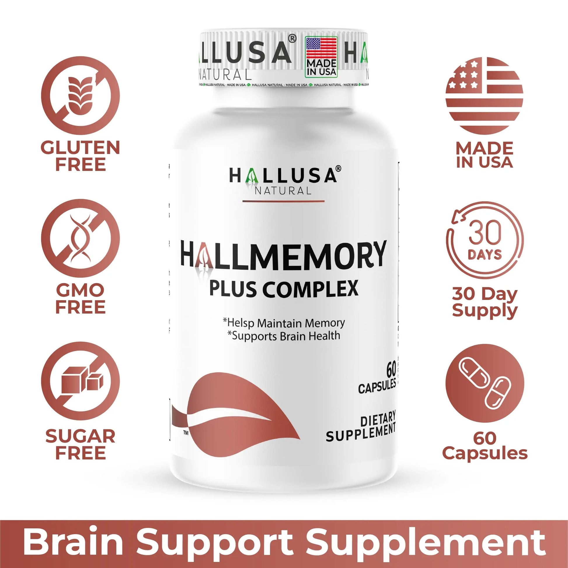Hallusa Natural Brain Health Supplement Capsules 1680mg, Ginkgo Biloba, B Vitamins & Choline, Memory & Focus Support, Brain Booster for Men & Women, 60 Count Hallusa Naturalnz supplements