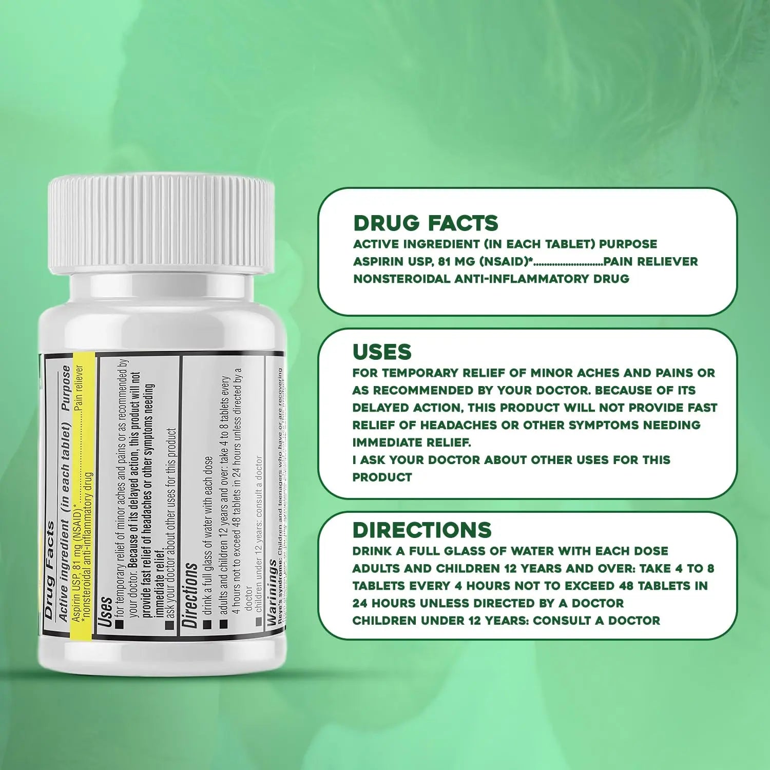 Safrel Generic Bayer Baby Aspirin 81 mg (500 Enteric Coated Tablets) | Adult Low Dose Strength Safe Pain Reliever (NSAID) for Minor Aches | Value Pack SafrelAu supplements
