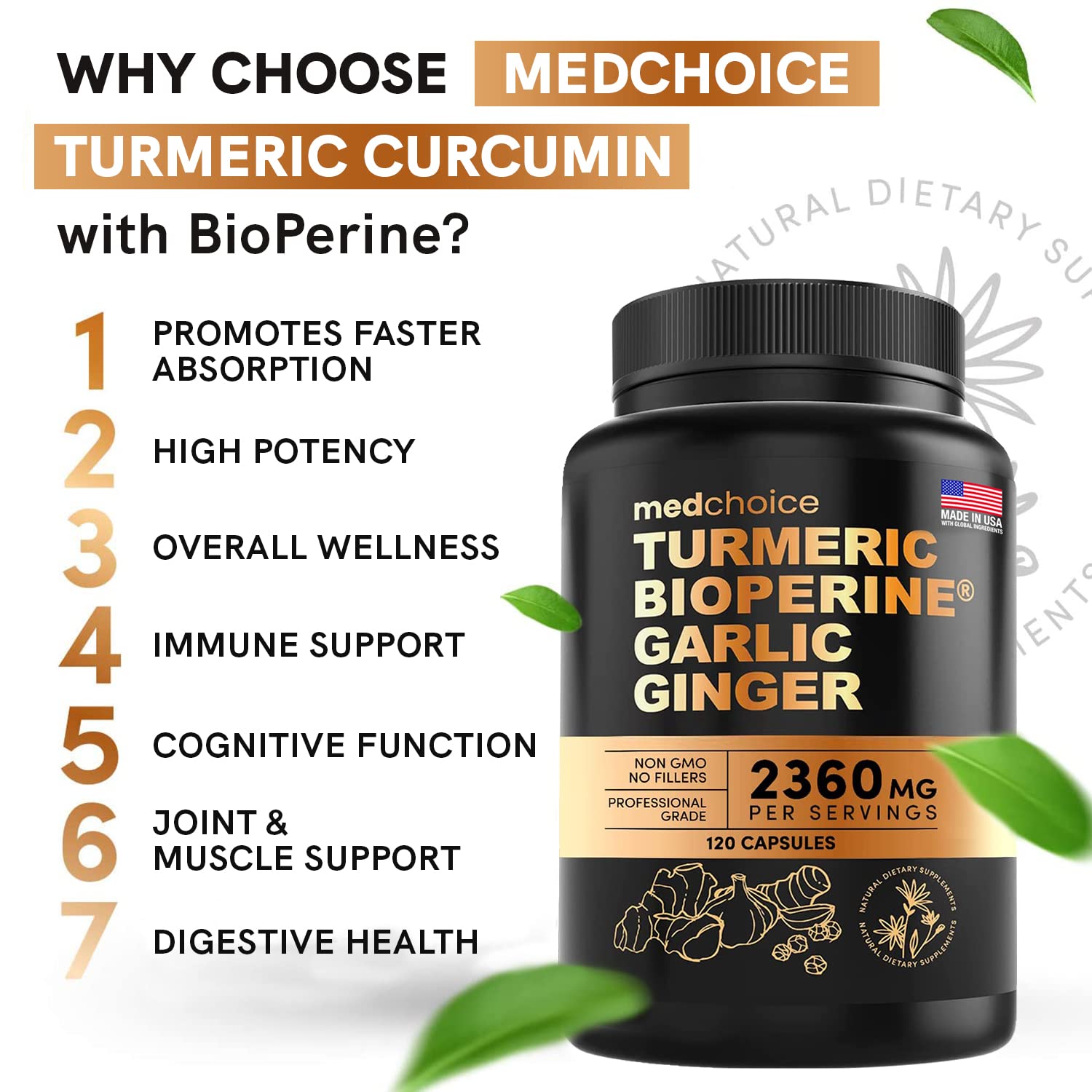 4-in-1 Turmeric and Garlic Supplements with Bioperine 2360 mg (360 ct) Turmeric Ginger MEDCHOICEAu supplements