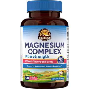 Vitalitown 10 in 1 Magnesium Complex Supplement - 400mg Elemental Magnesium Chelated with Glycinate, Citrate, Malate, Taurate & More - for Sleep Heart Energy - Non-GMO, Vegan, 90 Caps VitalitownAu supplements