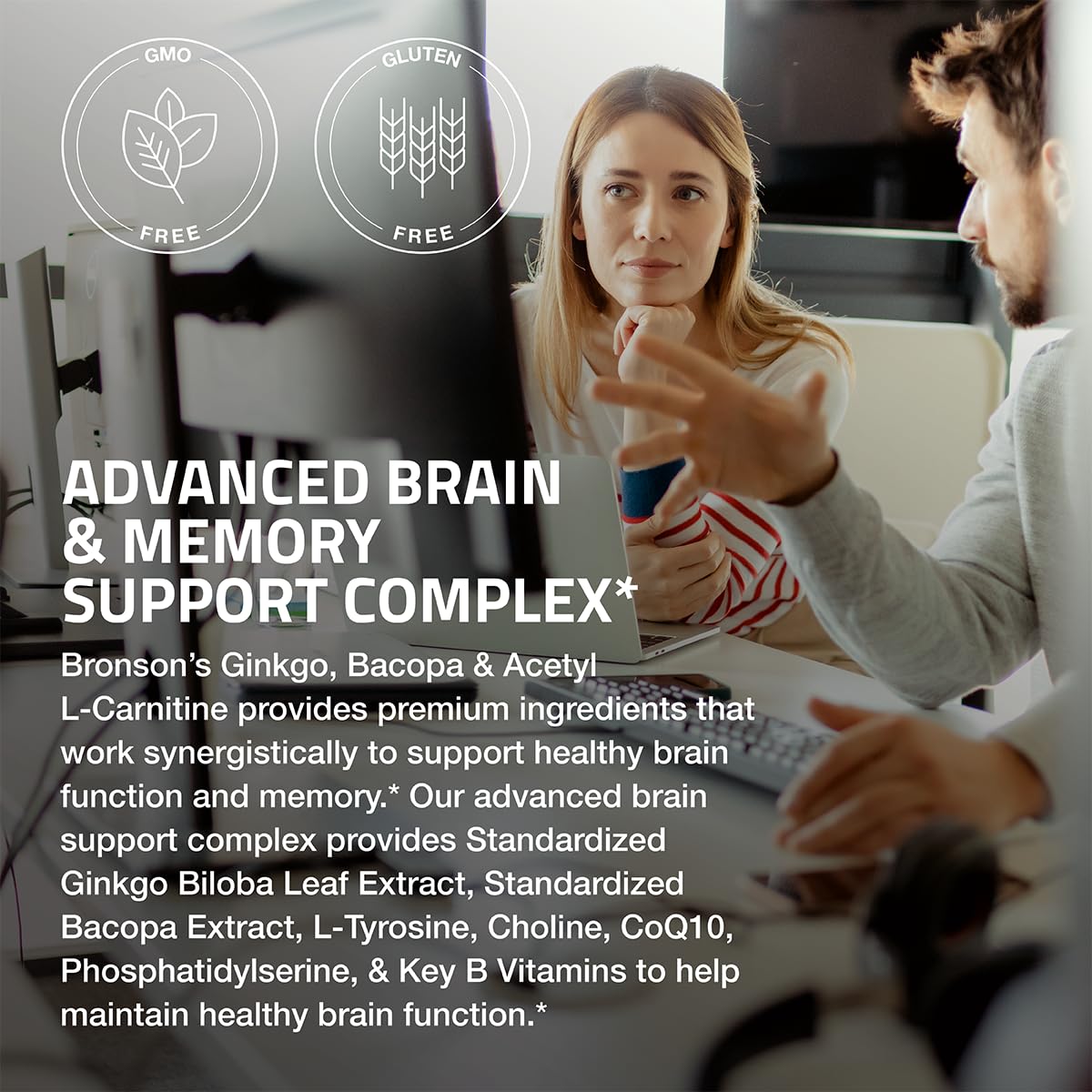 Bronson Ginkgo, Bacopa & Acetyl L-Carnitine Brain & Memory Support Complex with L-Tyrosine, Choline, CoQ10 & Phosphatidylserine Plus Key B Vitamins Non-GMO, 30 Tablets BronsonAu supplements