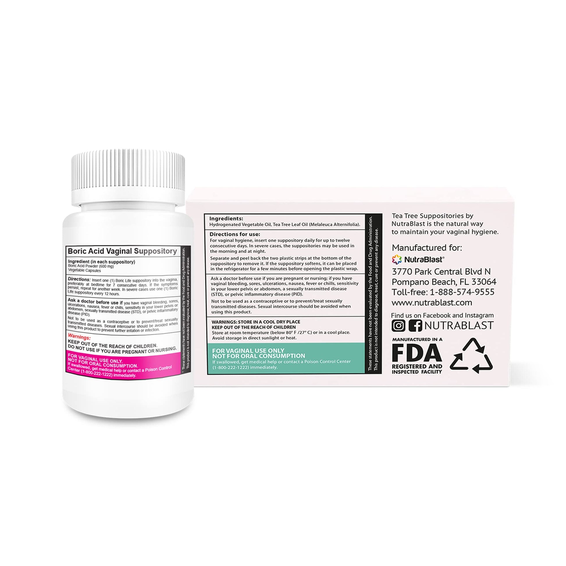 NutraBlast Boric Acid Vaginal Suppositories 600mg (30 Count) w/Tea Tree Oil Suppositories (12 Count) NutraBlastAu supplements