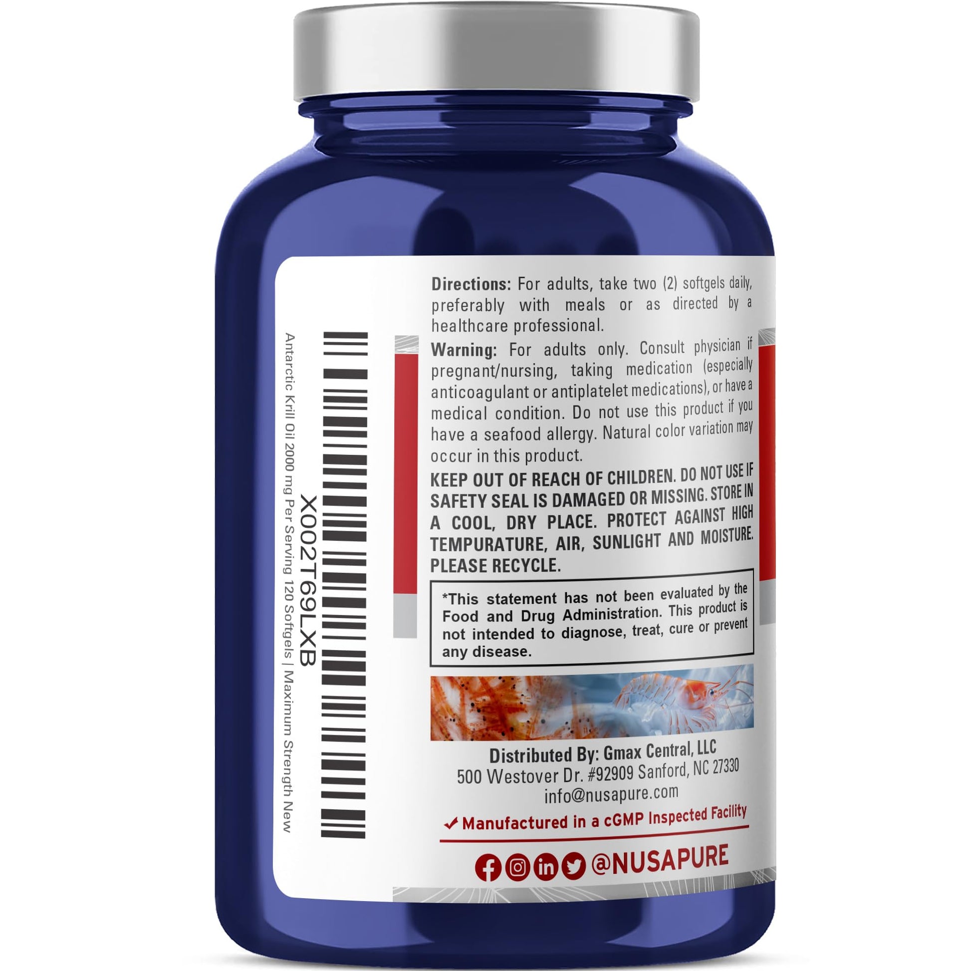NusaPure Antarctic Krill Oil 2000 mg 120 Softgels, Omega-3 EPA 360mg, DHA 240mg, Soyfree Astaxanthin Supplement Sourced from Krill 800ppm NusaPureAu supplements