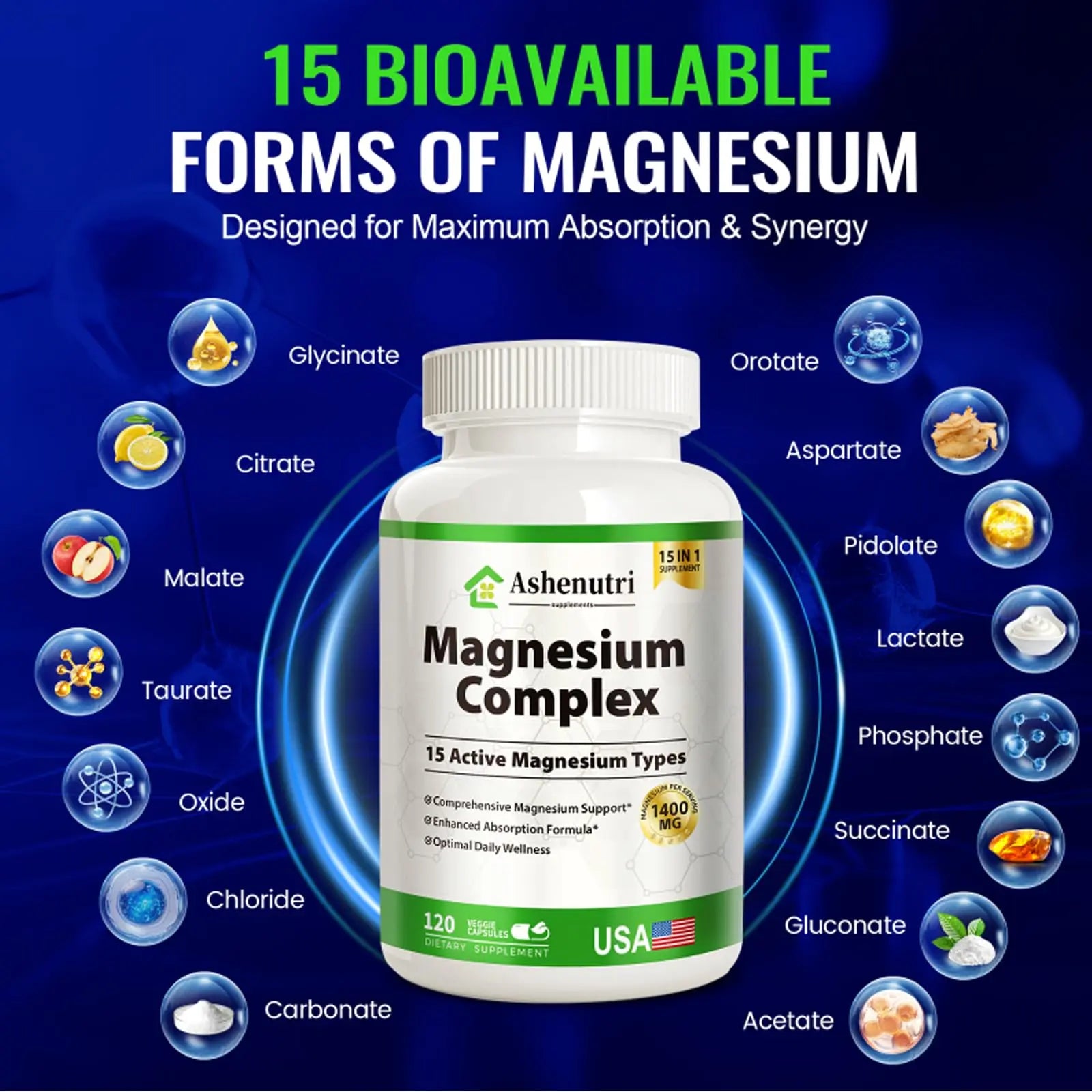 Magnesium Complex with 15 Types Magnesium Glycinate Citrate Malate Taurate Oxide Carbonate Chloride Orotate Magnesio Muscle, Heart, Relaxation & Nerves 120 Vegan Capsules, 60-Day Supply Ashenutrinz supplements