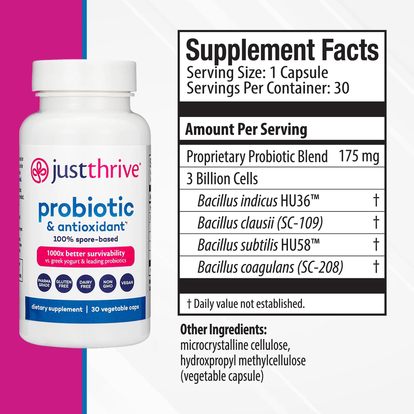 Just Thrive Probiotic & Antioxidant Supplement - 100% Spore-Based Digestive and Immune Support - Gluten Free, 30 Caps Just ThriveUS supplements