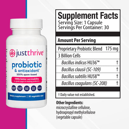 Just Thrive Probiotic & Antioxidant Supplement - 100% Spore-Based Digestive and Immune Support - Gluten Free, 30 Caps Just ThriveUS supplements