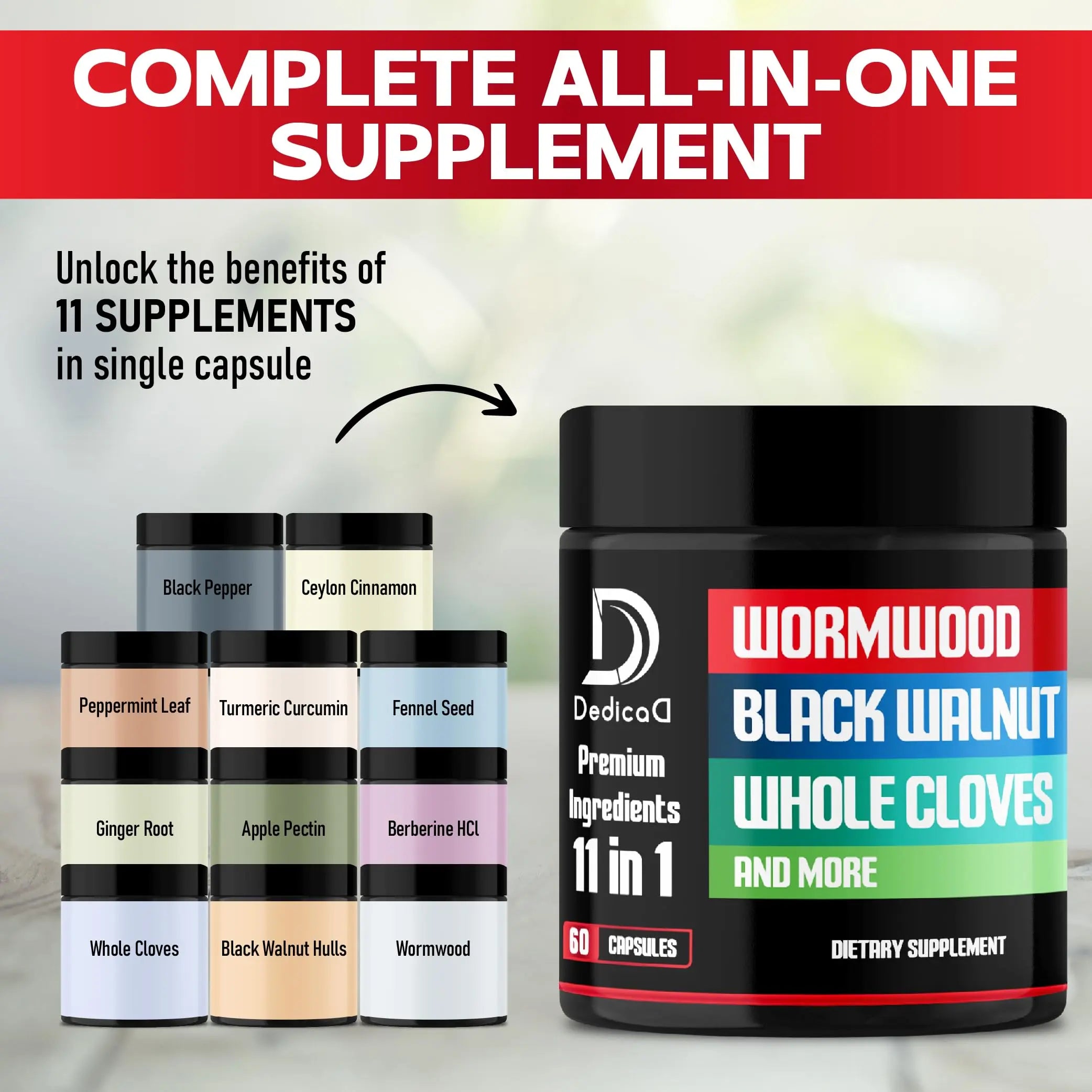 DEDICAD Wormwood Capsules Supplement - Extracted from Black Walnut, Cloves, Turmeric, Apple, Berberine HCl & More - 11 Ingredients Combined for Immune System, Body Management - 60 Capsules DEDICADnz supplements