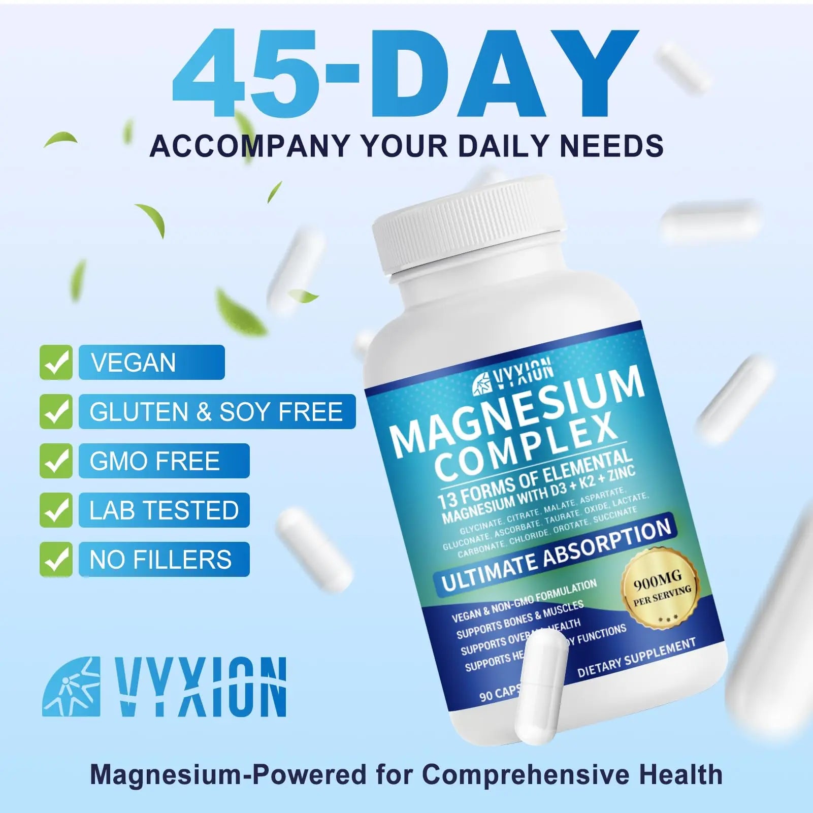 VYXION Magnesium Complex 900mg per Serving – High Absorption Magnesium Glycinate with Vitamin D3 K2 Zinc & B Vitamins – Sleep, Calm, Muscle & Nerve Support – 90 Capsules Vyxionnz supplements
