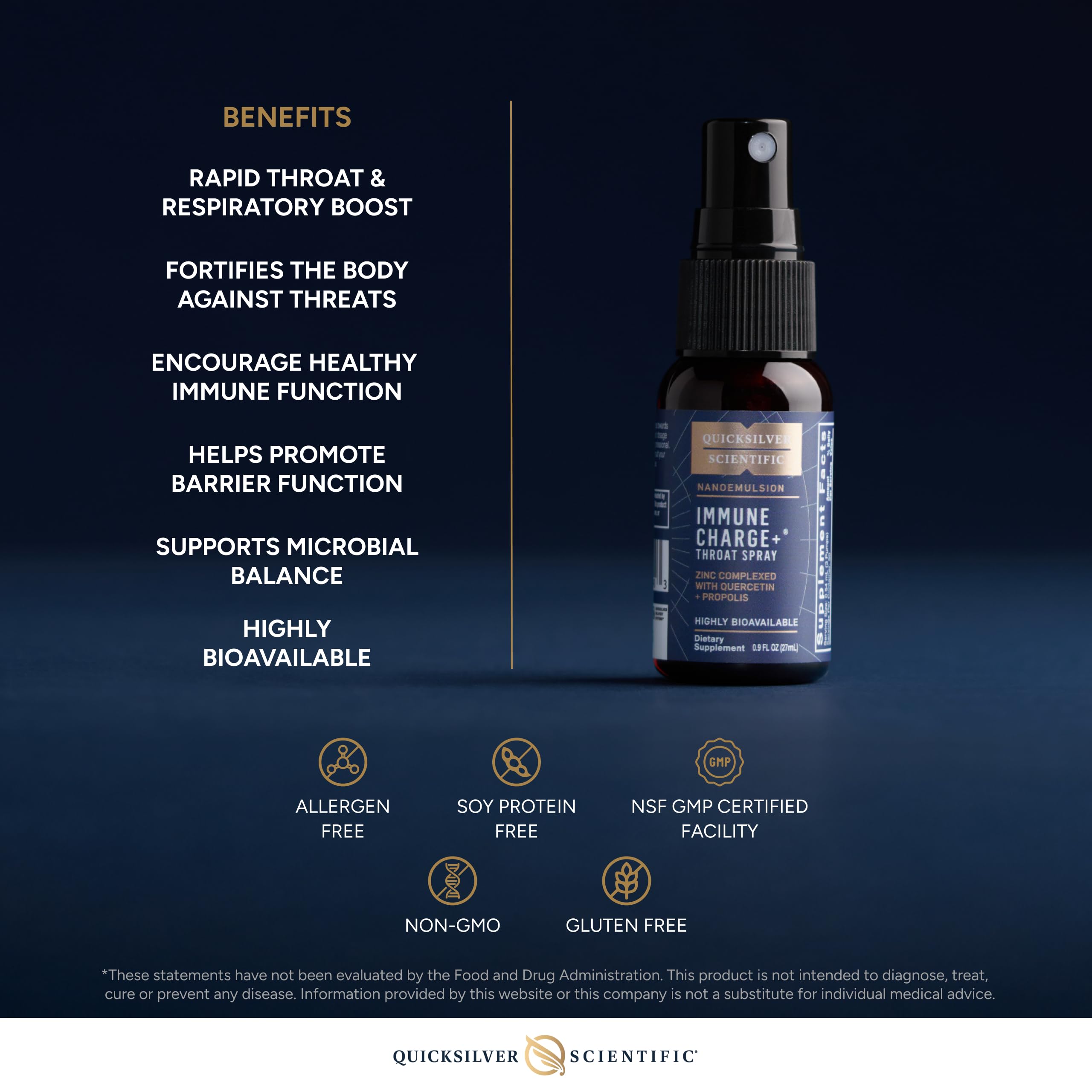 Quicksilver Scientific Immune Charge+ Zinc Throat Spray - Immune Support Liquid Supplement with Quercetin - 'Throat Coat' with Liposomal Absorption Technology (0.9 fl oz / 27ml) Quicksilver ScientificUS supplements