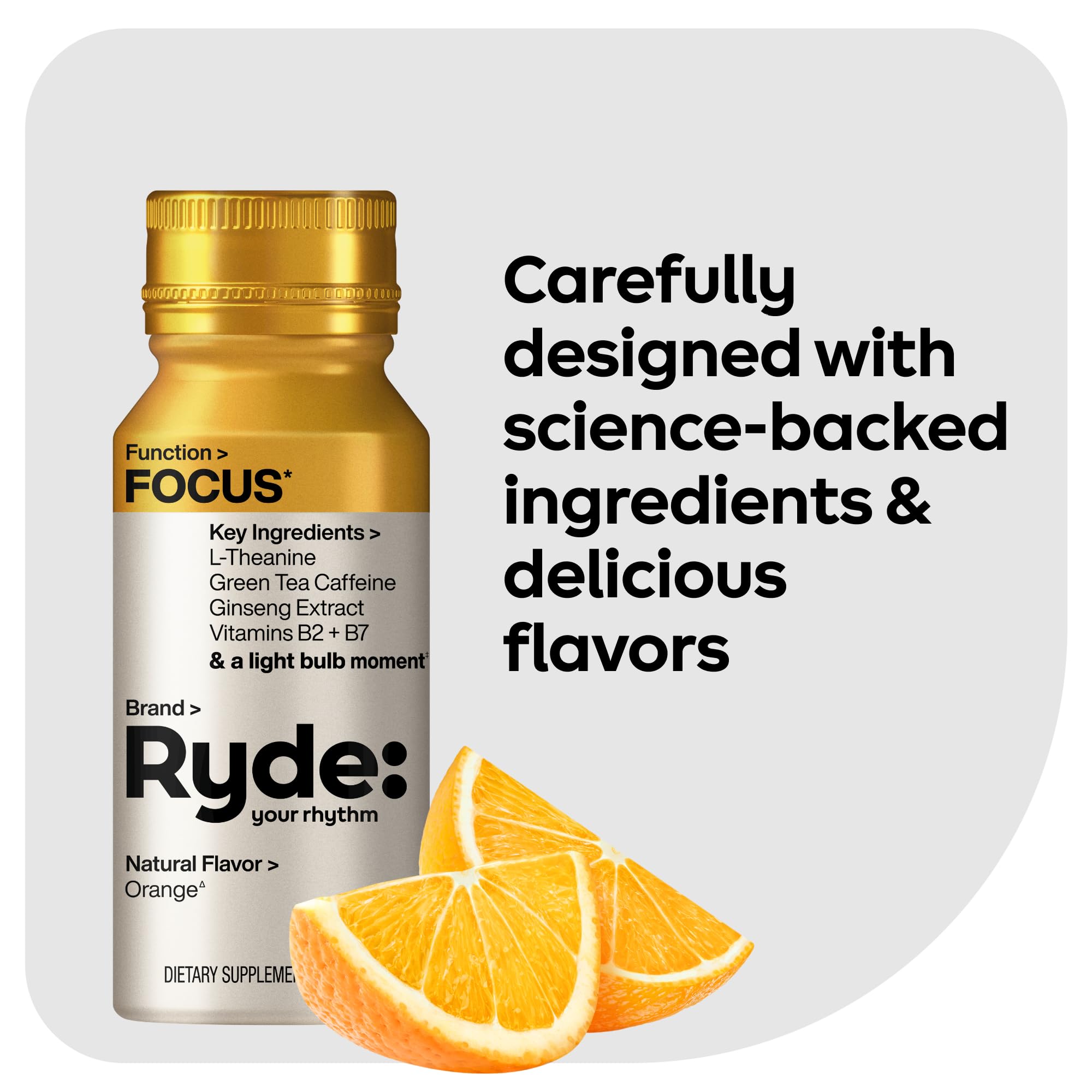 Ryde: Focus Shot | Orange Flavor | L-Theanine & Ginseng | Green Tea Caffeine | Vitamins B2 & B7 | 0 Calories, 0 Sugar | 2 FL OZ Shots | Supports Focus* (8 Pack) RYDEAu supplements