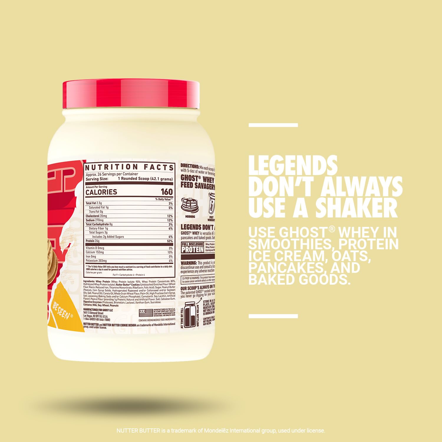 GHOST Whey Protein Powder, Nutter Butter - 2LB Tub, 26G of Protein - Peanut Butter GHOSTUS supplements