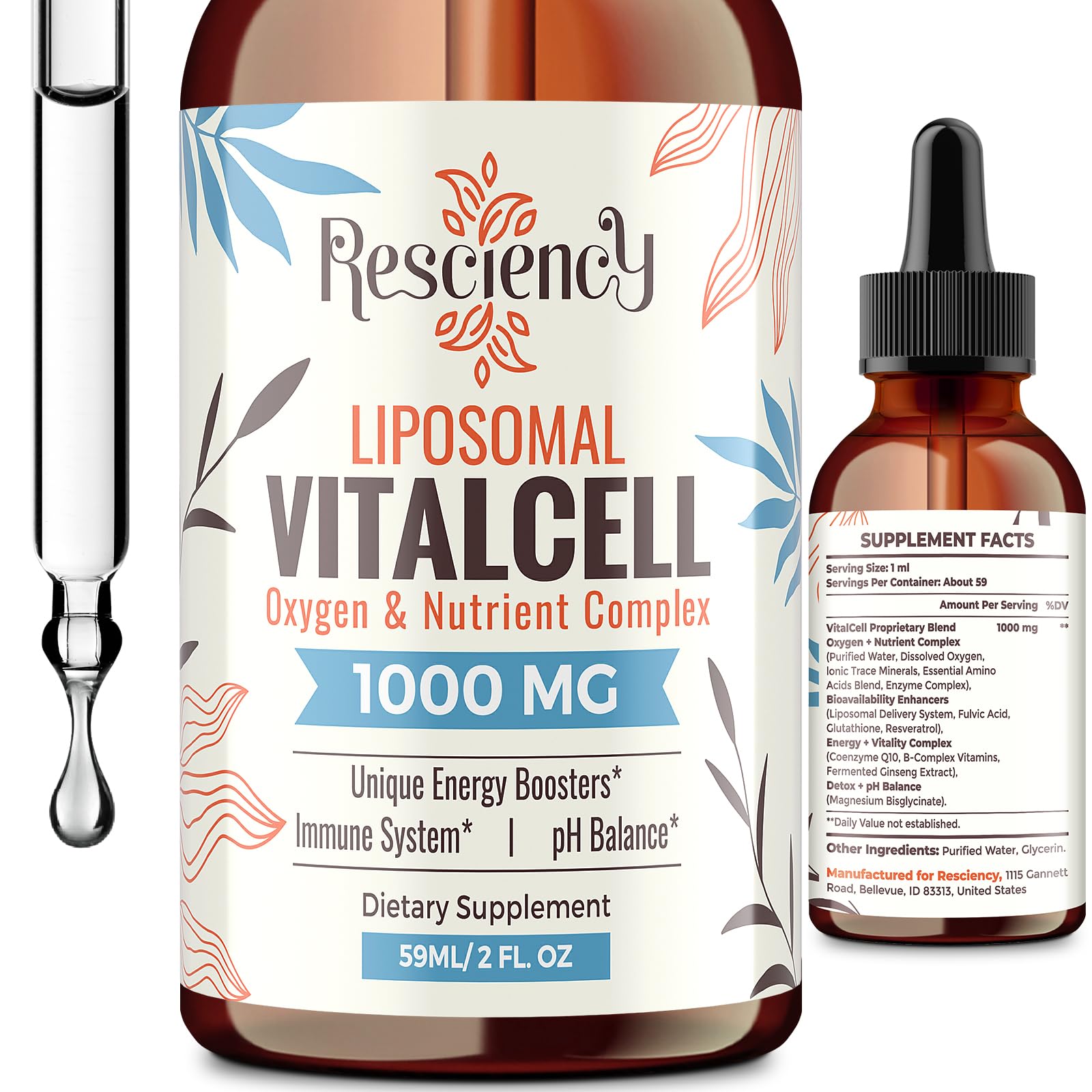 13-in-1 Liquid Oxygen Boost & Nutrient Supplement, Liposomal Optimized-Delivery Blend with Trace Minerals, Amino Acids, CoQ10, B Vitamins & Fulvic Acid, Daily Wellness Liquid Oxygen Drops, 2 fl oz ResciencyAu supplements
